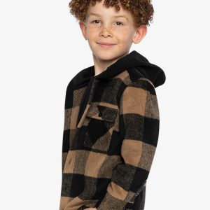 Flannel Shirt With Fleece Hood Brown And Black Plaid - Image 3
