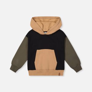 Hooded Colorblock Fleece Cardigan Black, Green And Beige