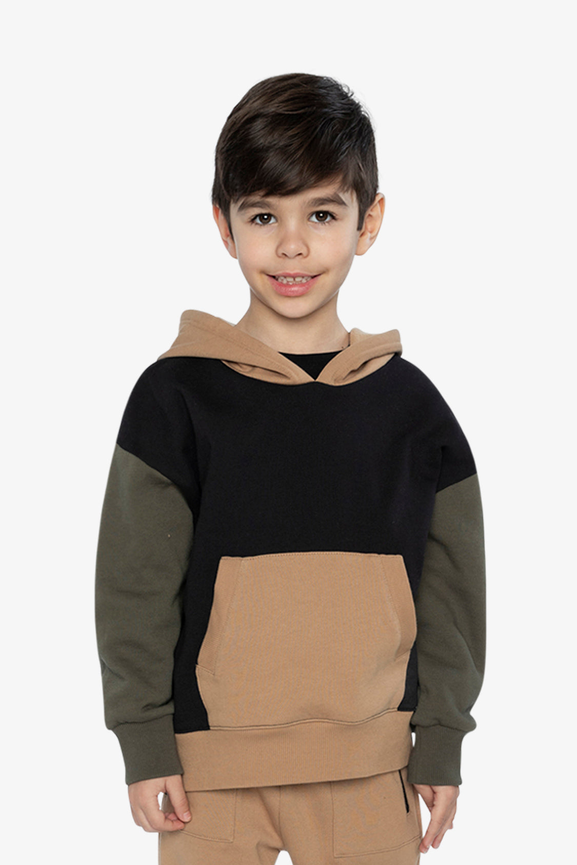 Hooded Colorblock Fleece Cardigan Black, Green And Beige - Image 2