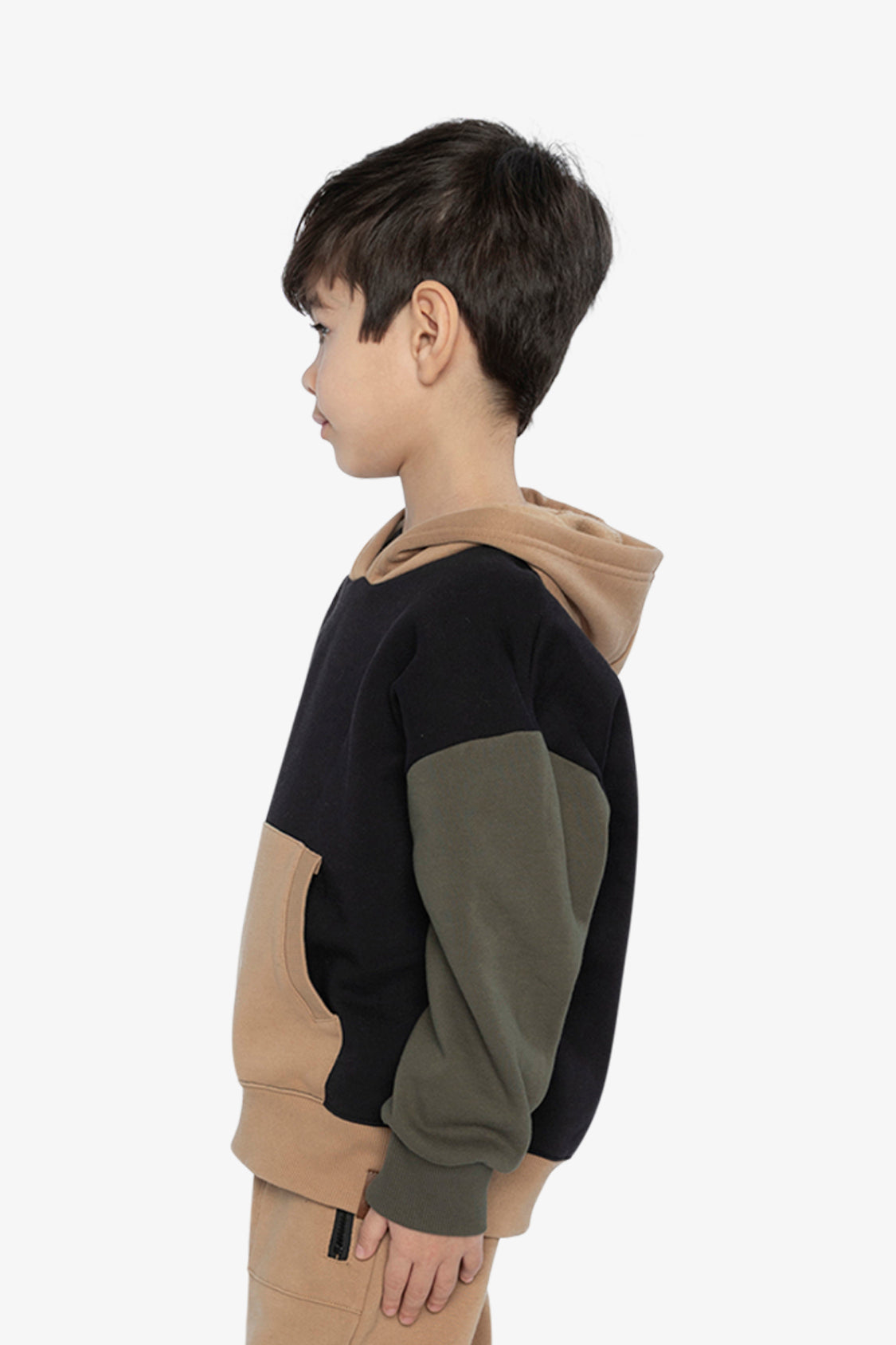 Hooded Colorblock Fleece Cardigan Black, Green And Beige - Image 3