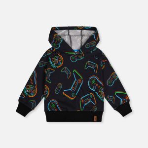 Fleece Hooded Sweatshirt Black Printed Controller