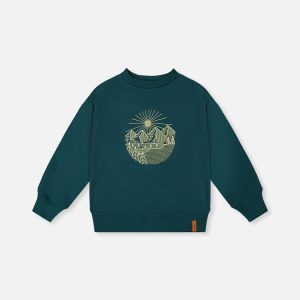 Deux par Deux green forest fleece sweatshirt with nature‑inspired line graphic for kids