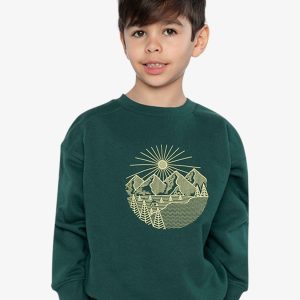 Deux par Deux green forest fleece sweatshirt with nature‑inspired line graphic for kids