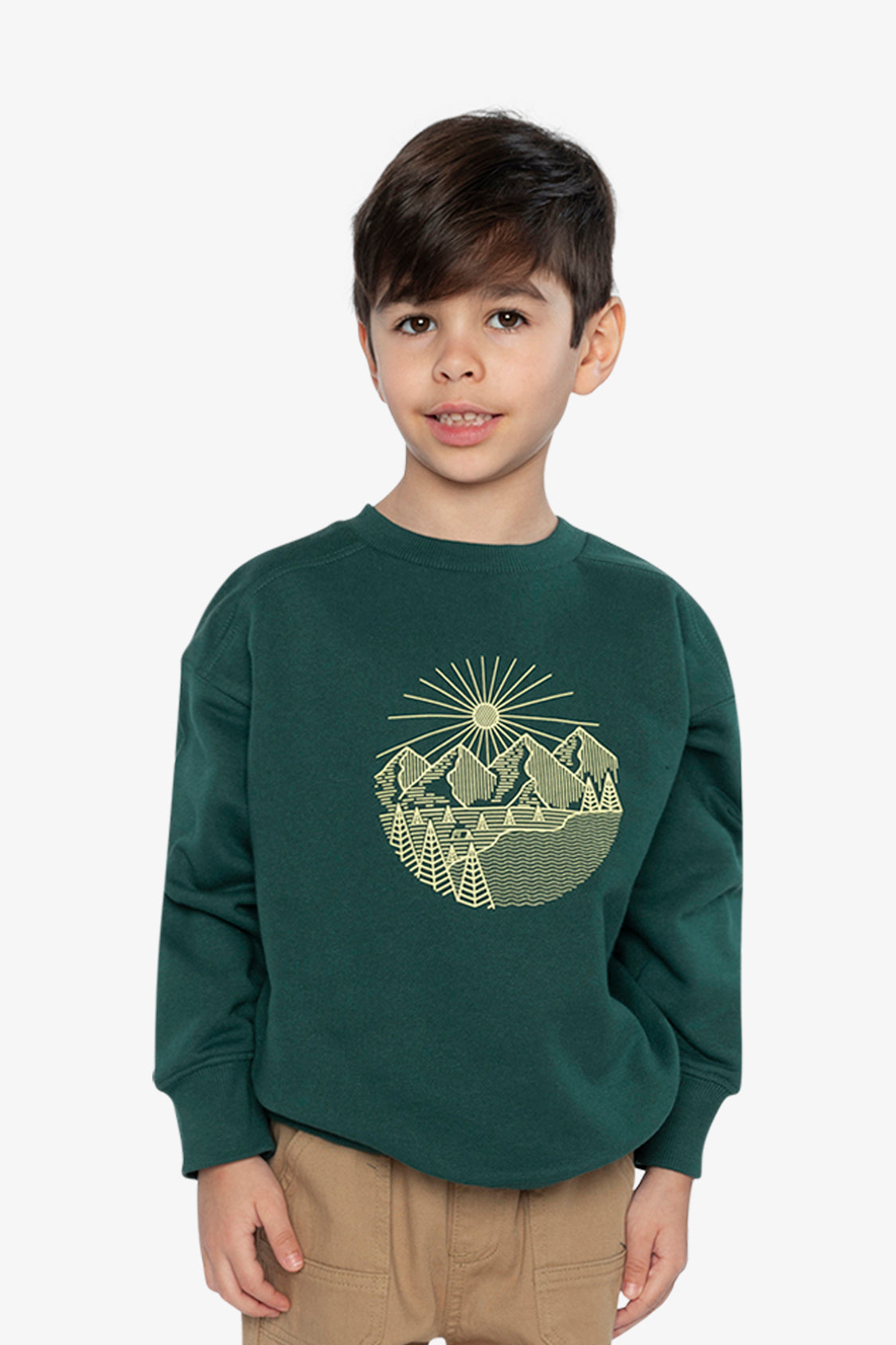 Deux par Deux green forest fleece sweatshirt with nature‑inspired line graphic for kids
