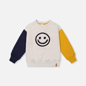 Deux par Deux fleece sweatshirt in heather grey with yellow and blue colorblock raglan sleeves and smiley face graphic