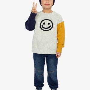 Deux par Deux fleece sweatshirt in heather grey with yellow and blue colorblock raglan sleeves and smiley face graphic
