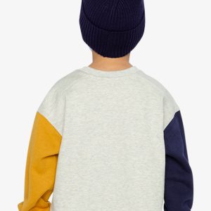 Deux par Deux fleece sweatshirt in heather grey with yellow and blue colorblock raglan sleeves and smiley face graphic