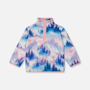 Mid-Season Plush Pop-Over Polar Jacket Blue And Pink Mountain Print