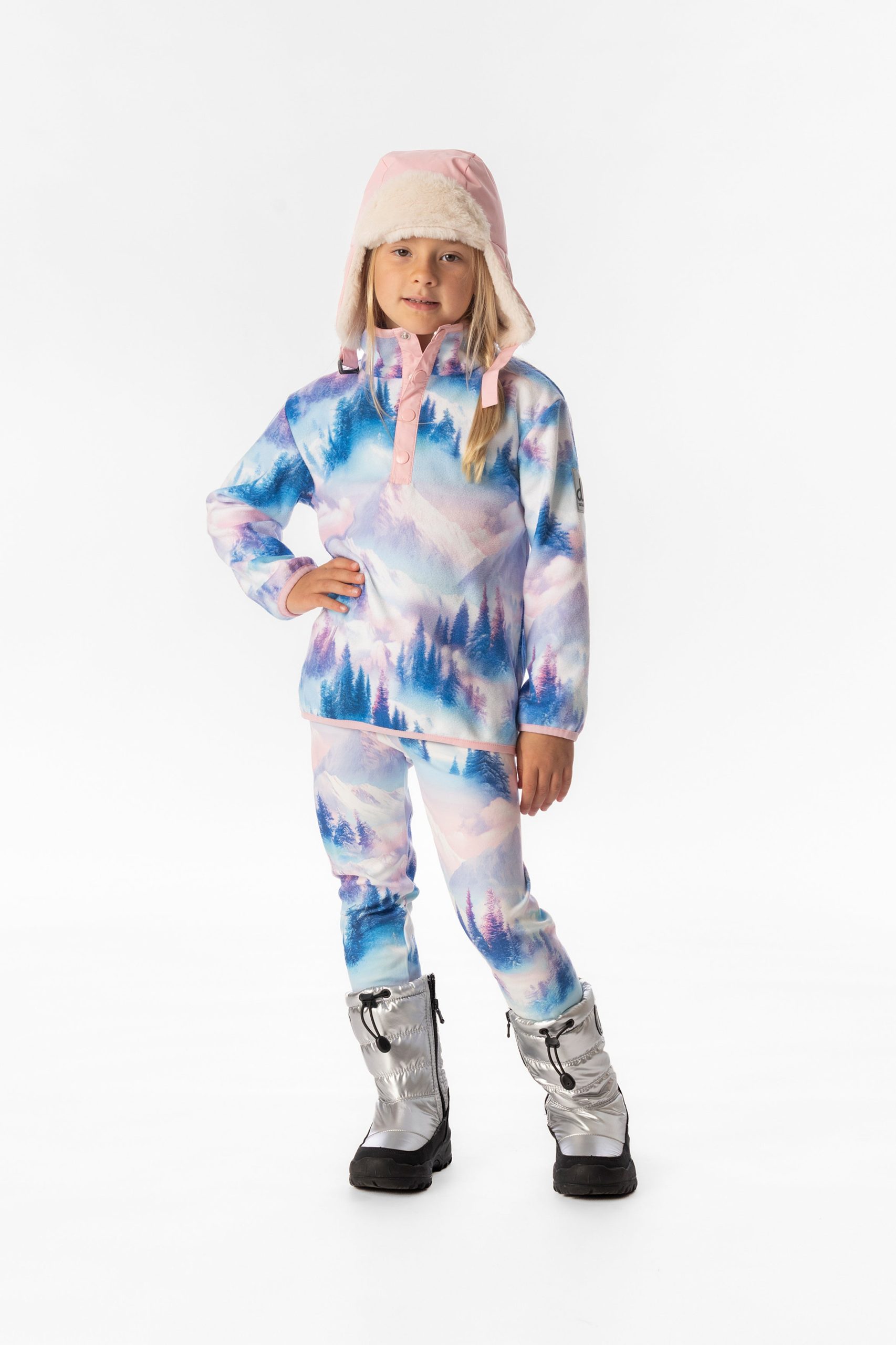 Mid-Season Plush Pop-Over Polar Jacket Blue And Pink Mountain Print - Image 2