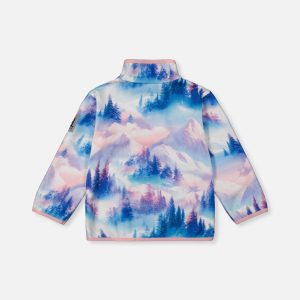 Mid-Season Plush Pop-Over Polar Jacket Blue And Pink Mountain Print - Image 5