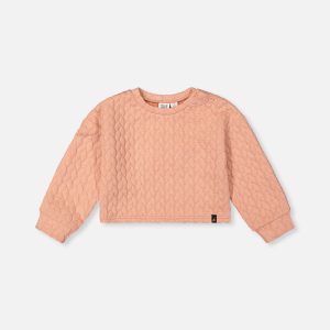 Deux par Deux pink jacquard cropped sweatshirt with quilted diamond pattern and shoulder button detail