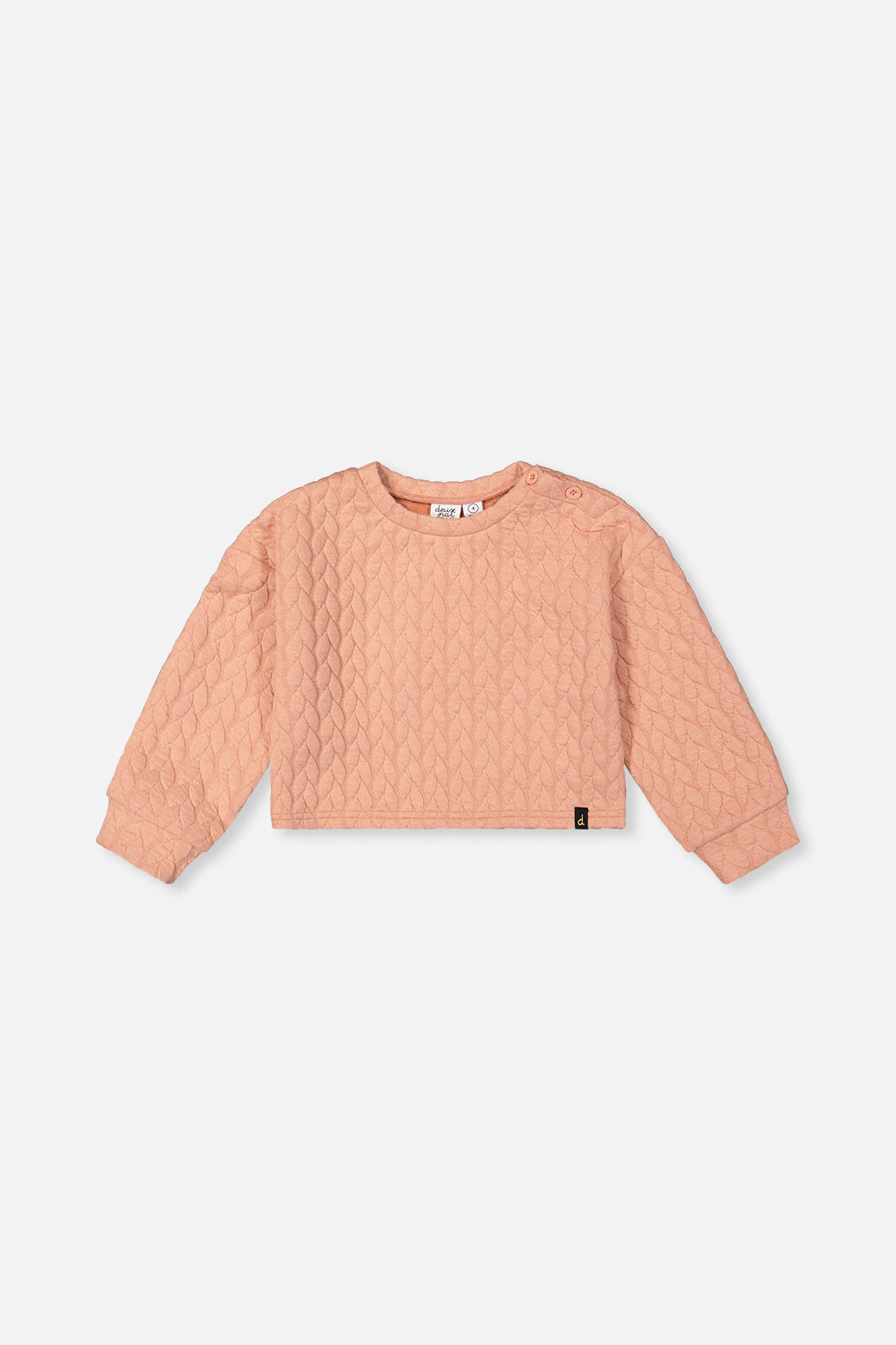 Deux par Deux pink jacquard cropped sweatshirt with quilted diamond pattern and shoulder button detail