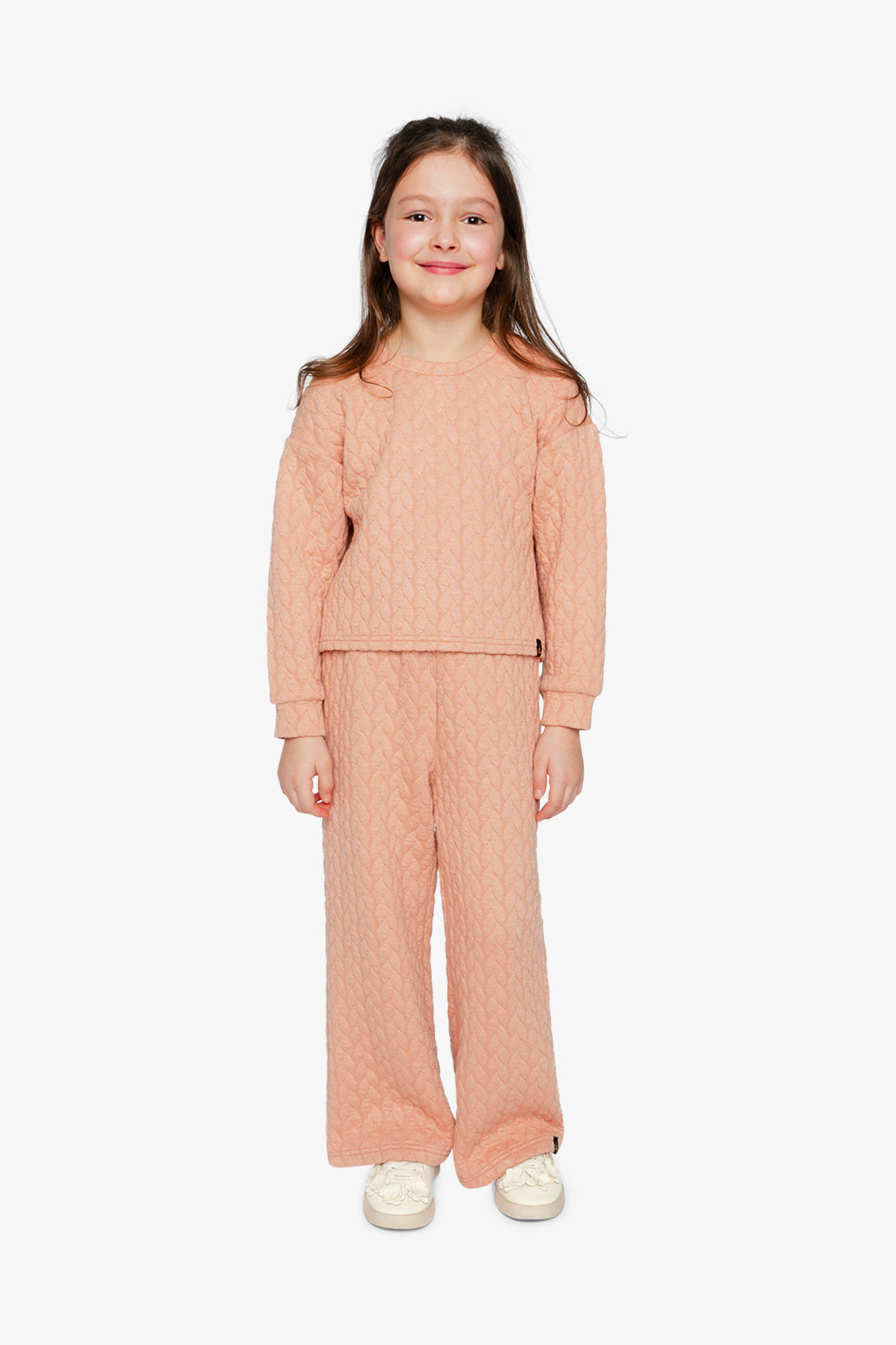 Deux par Deux pink jacquard cropped sweatshirt with quilted diamond pattern and shoulder button detail
