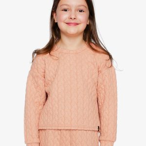 Deux par Deux pink jacquard cropped sweatshirt with quilted diamond pattern and shoulder button detail