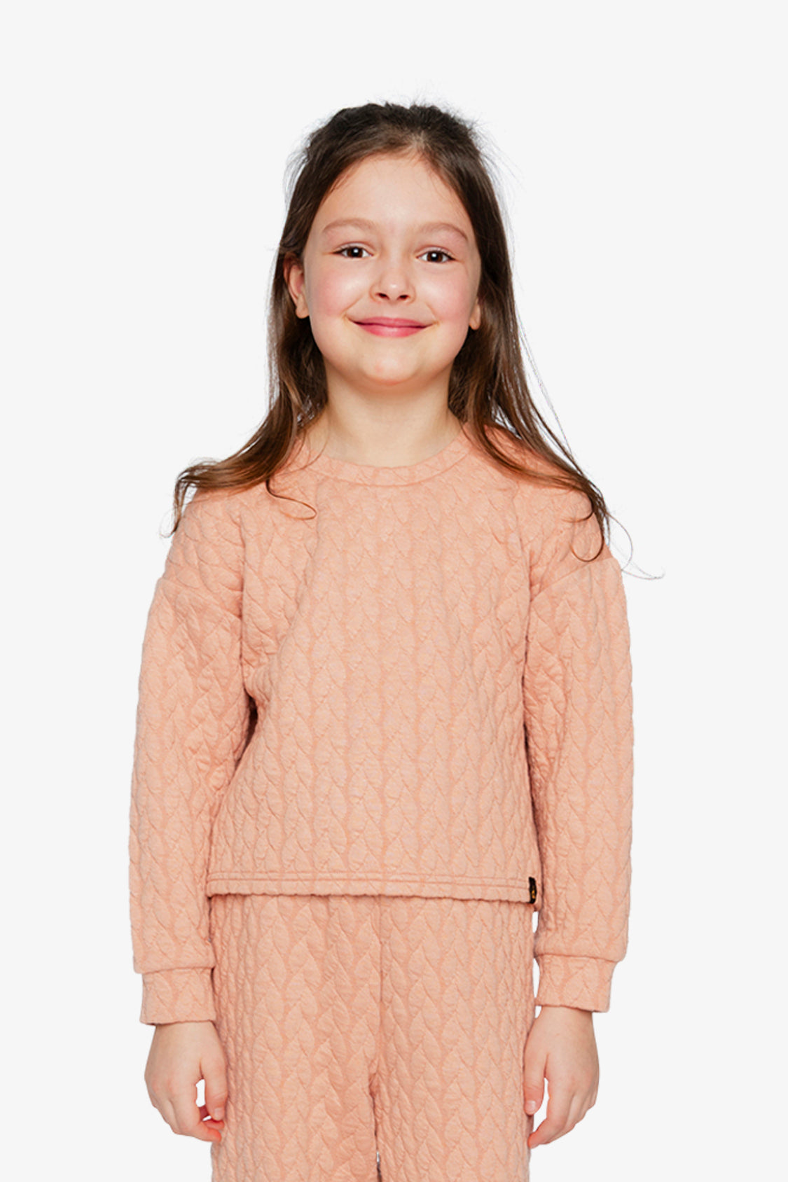 Deux par Deux pink jacquard cropped sweatshirt with quilted diamond pattern and shoulder button detail