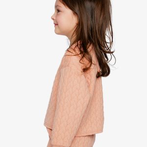 Deux par Deux pink jacquard cropped sweatshirt with quilted diamond pattern and shoulder button detail