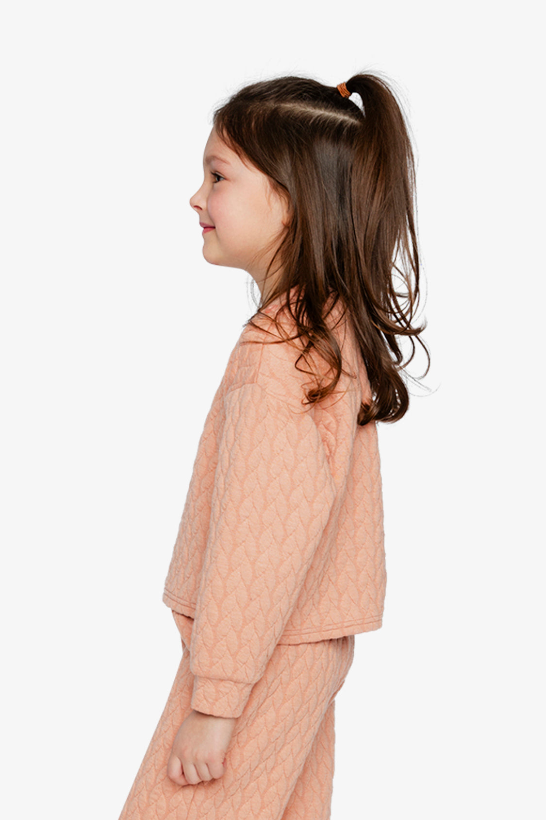 Deux par Deux pink jacquard cropped sweatshirt with quilted diamond pattern and shoulder button detail