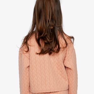 Deux par Deux pink jacquard cropped sweatshirt with quilted diamond pattern and shoulder button detail