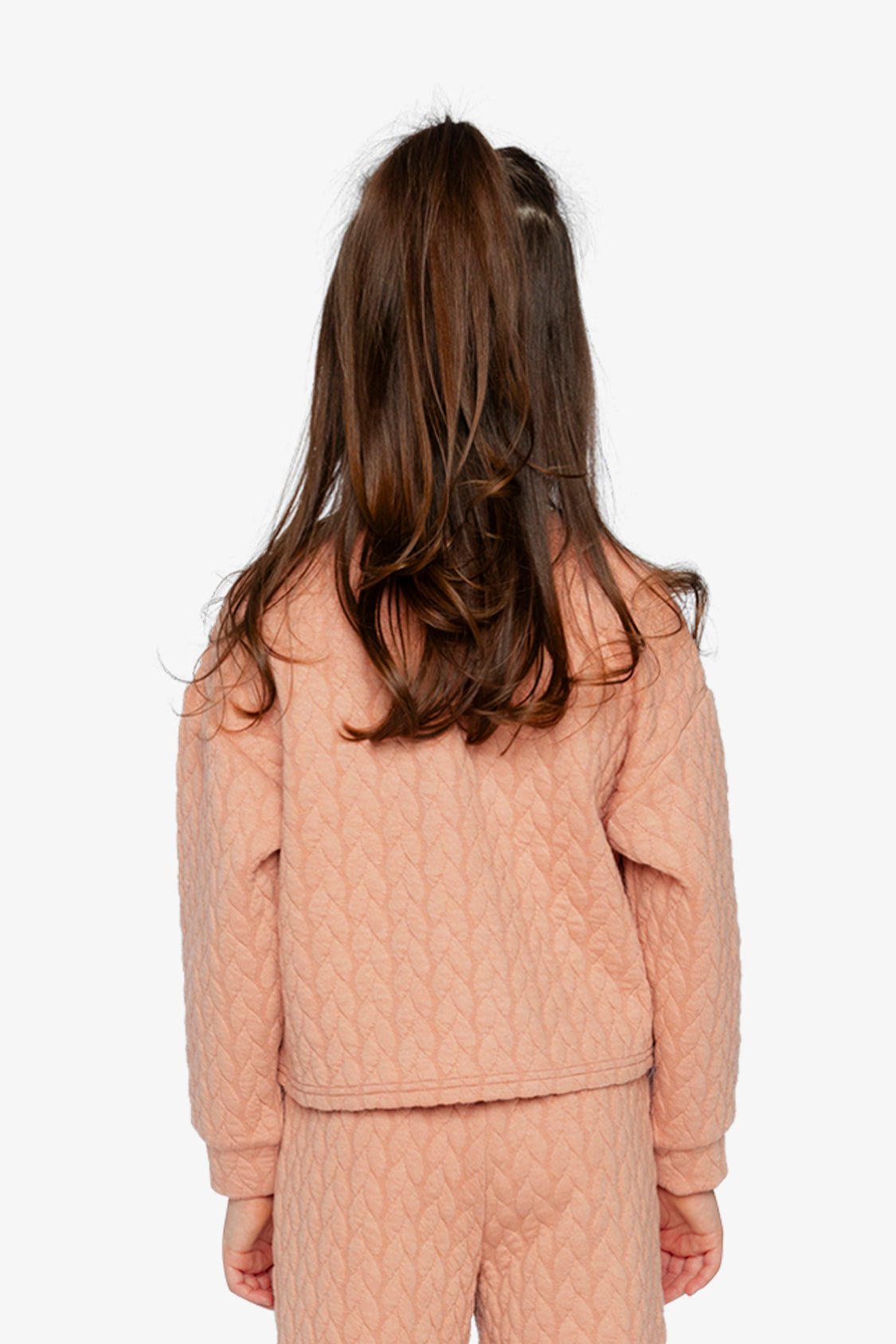 Deux par Deux pink jacquard cropped sweatshirt with quilted diamond pattern and shoulder button detail