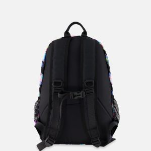 Kids backpack in turquoise blue, pink and mauve with large compartments and padded straps