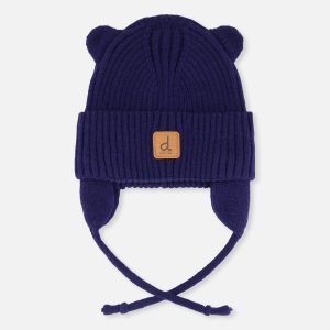 Baby Knit Hat With Strings Navy Blue