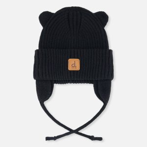 Baby Knit Hat With Strings Black