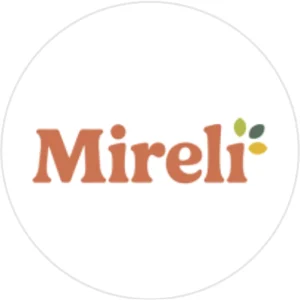 Mireli logo featuring warm terracotta text with three leaf icons in green, yellow, and dark gray above the final letter, symbolizing nature and freshness.