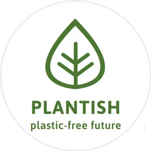 Plantish logo featuring a green leaf outline with a stylized branch inside and the tagline “plastic‑free future,” symbolizing sustainability and eco‑conscious living.