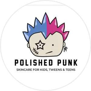 Polished Punk logo featuring a cartoon face with blue and pink spiky hair, star eye patch, and stitched cheek, representing fun and edgy skincare for kids, tweens, and teens.