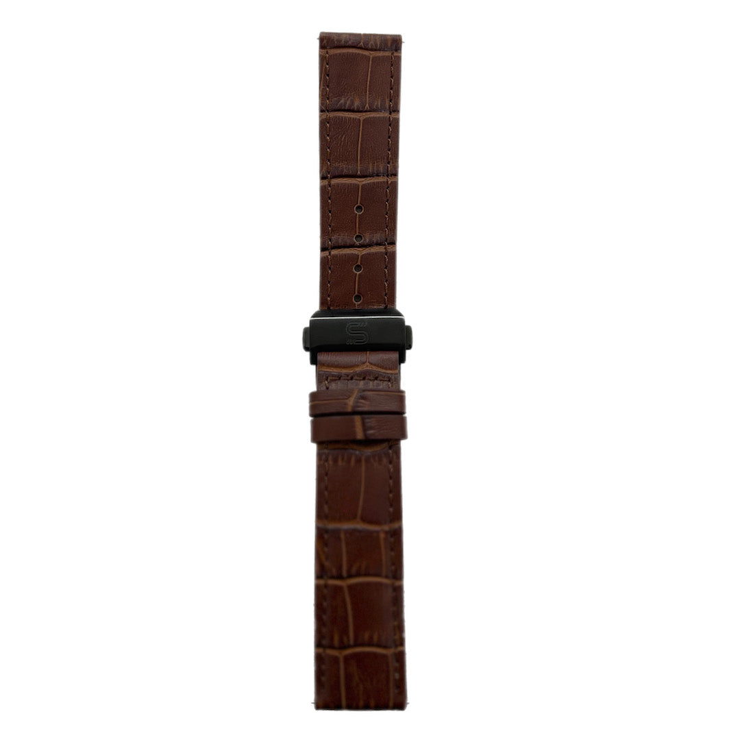 SOVRYGN brown leather watch strap with black deployment clasp