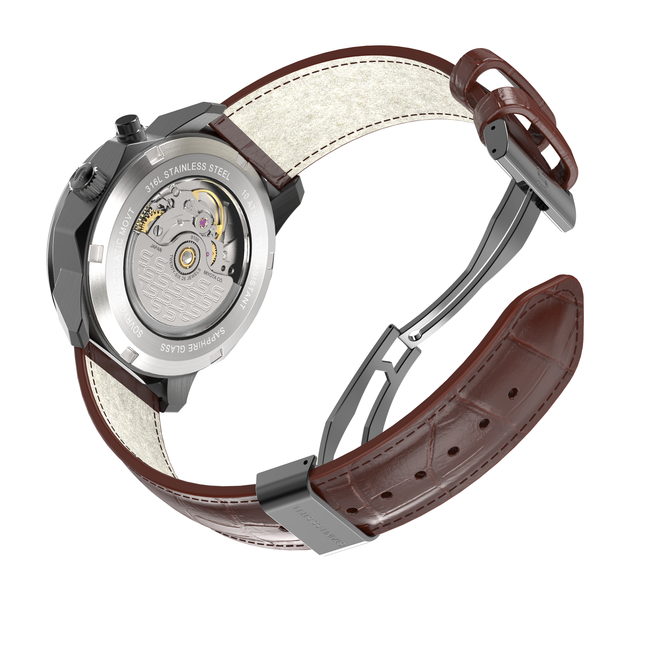 SOVRYGN brown leather watch strap with black deployment clasp