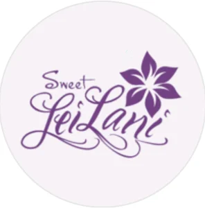 Sweet LeiLani logo featuring elegant purple cursive lettering with a stylized six‑petal flower design, symbolizing beauty and nature.